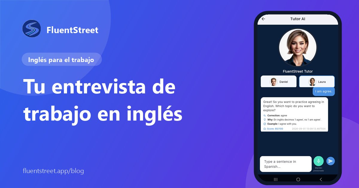 Portada: cómo presentarte en inglés en una entrevista de trabajo, con una captura del tutor de IA de FluentStreet
